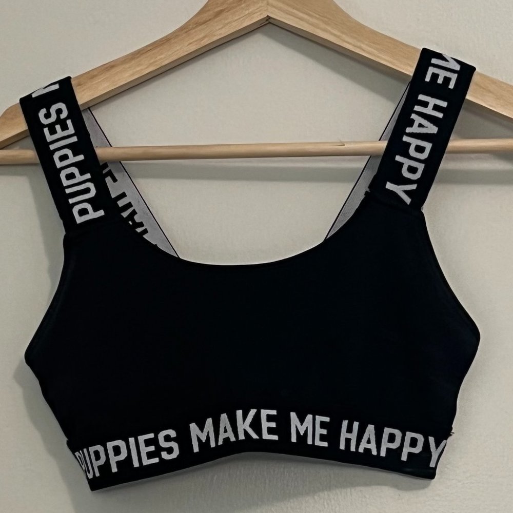 Puppies Make Me Happy Sports Bra, XS Black